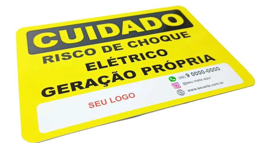 Placa 25×18 cm em chapa com área reservada para logo, telefone, Instagram e site do integrador